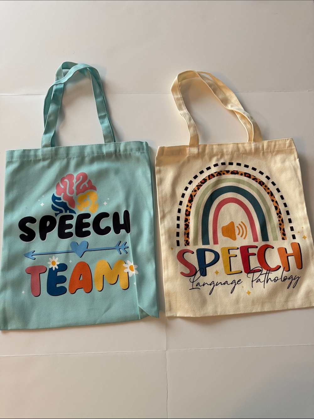 Two Canvas speech therapy Tote Bags aqua cream back to school gift NWOT new SLP